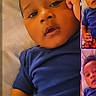 Cassius is registered to the contest to win money with this photo: baby, child, blue_shirt, face, mirror_effect, kaleidoscope, phone_screen, lock_screen, notification, time_display, hand, lying_down, expression, young_child, portrait, skin, curly_hair, digital_screen, technology, reflection