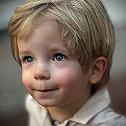 Ryker joined the competition — help win amazing prizes! child, blonde_hair, blue_eyes, portrait, close_up, innocent, curious, soft_background, face, young, person, cute, smile, looking_up, casual_clothing, light_skin, short_hair, indoors, head_and_shoulders, expression