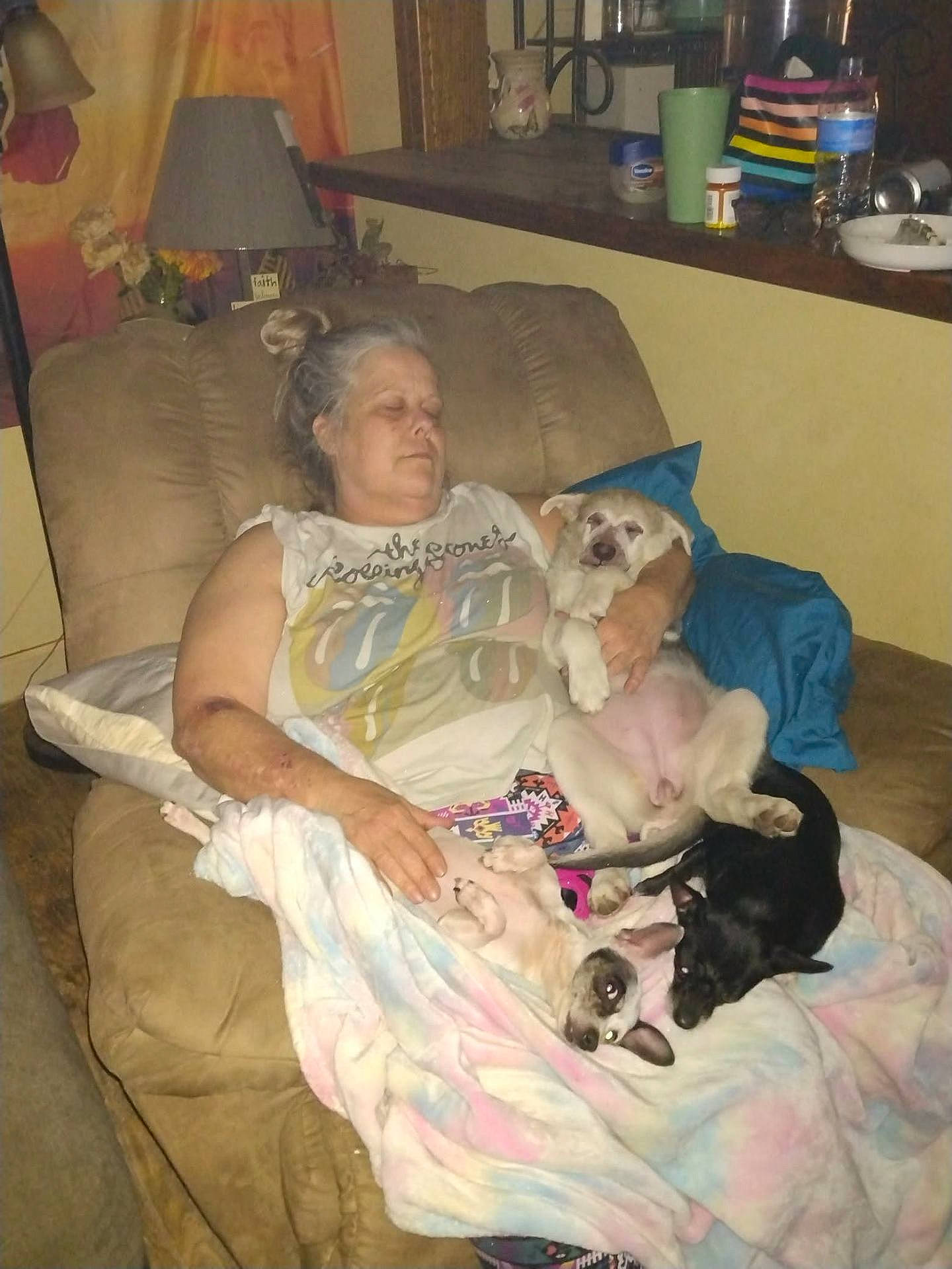 blanket, clutter, cozy, cuddle, cup, dog, fur, lamp, living_room, person, pet_owner, pillow, recliner, shelf, sleeping, small_dog, snapshot, sofa, table, water_bottle