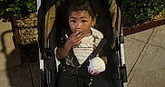 Lolani Davenport is registered to the contest to win money with this photo: baby, child, clothing, curious, food, greenery, ice_cream, night, outdoor, pavement, person, shoes, sidewalk, sitting, snack, stroller, toddler, tree, urban, young_child