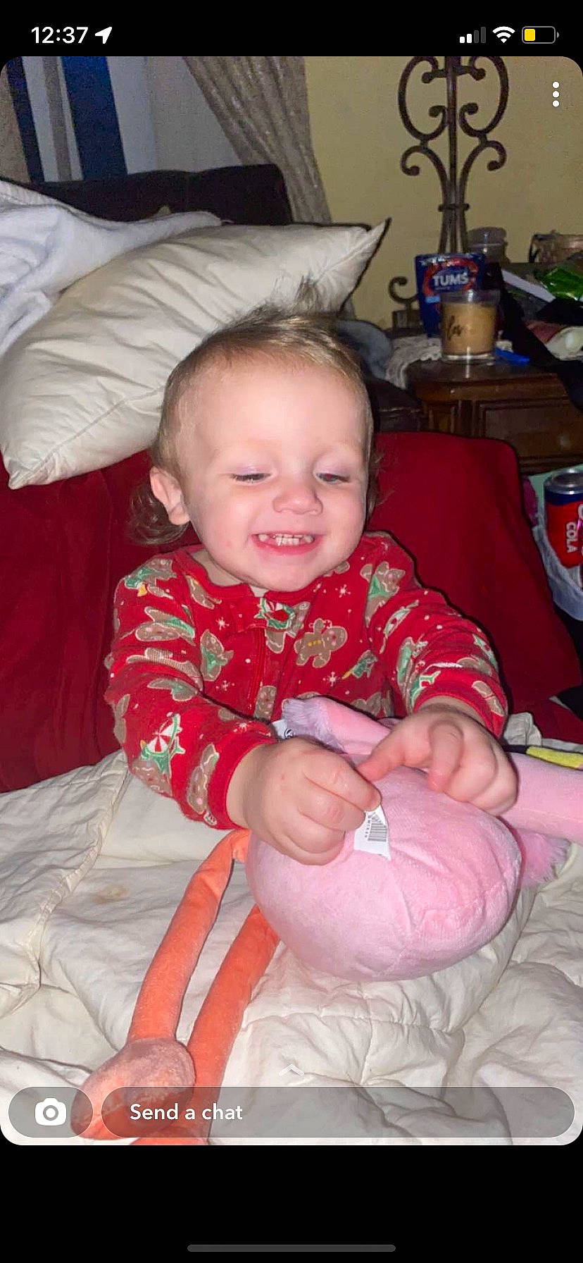 Bryson is registered to the contest to win money with this photo: baby, baby_toddler_clothing, cheek, child, comfort, event, fun, happy, holiday, human_leg, joy, lap, linens, person, pink, product, sitting, skin, smile, thumb