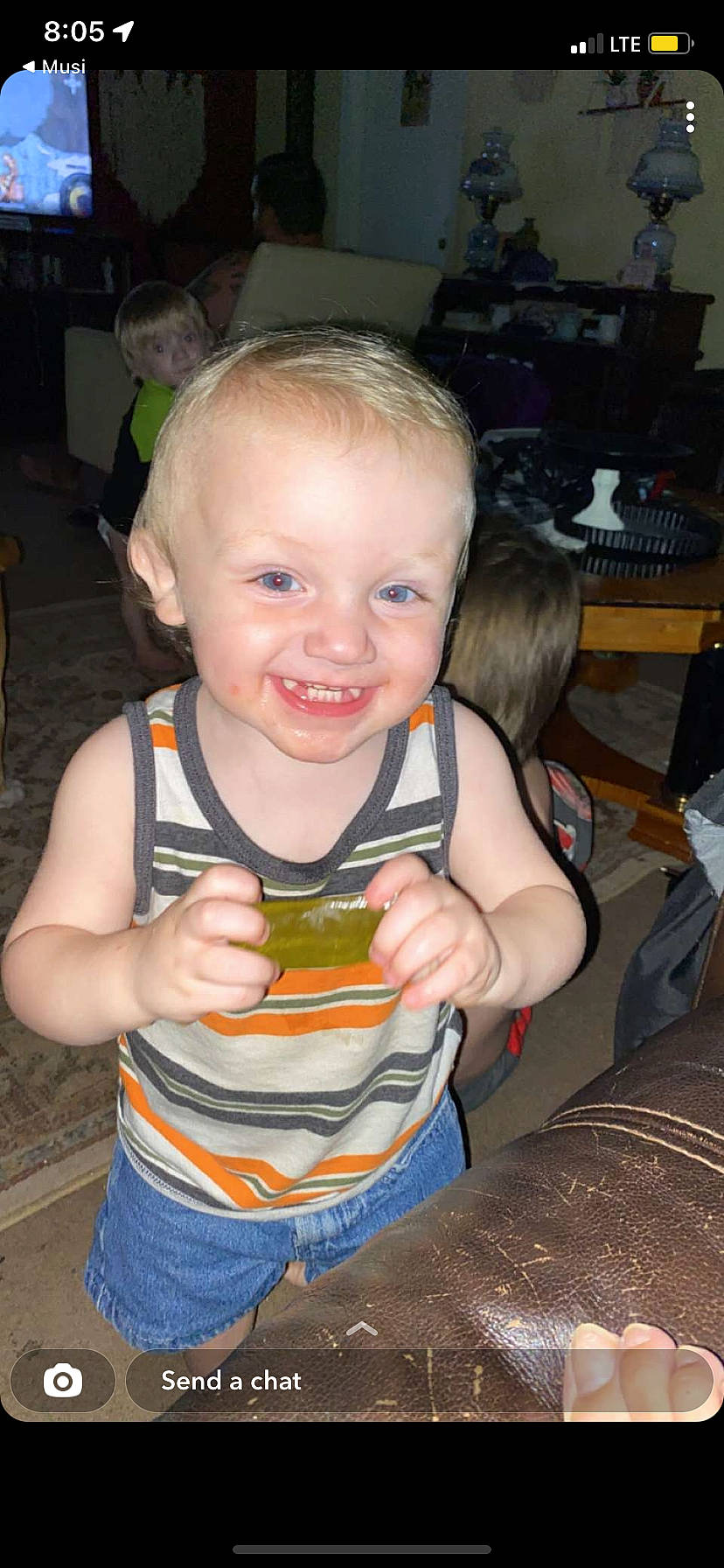 Bryson joined the competition — help win amazing prizes! baby, baby_toddler_clothing, chair, cheek, child, drink, eating, eye, fun, happy, iris, joy, mouth, person, sitting, skin, smile, t_shirt, tableware, thigh