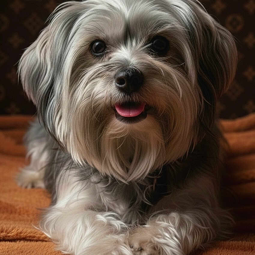 Chewie Vuitton is registered to the contest to win money with this photo: adorable, animal, brown_blanket, canine, close_up, companion, cute, cute_pet, dog, domestic_animal, fluffy, friendly, fur, happy, indoor, lying_down, mammal, pet, portrait, tongue_out