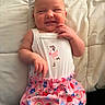Octavia joined the competition — help win amazing prizes! baby, bed, blanket, blue, clothing, cute, flamingo, flower, infant, patterned_clothing, person, pink, portrait, quilt, rainbow, red, shorts, smile, strawberry, tank_top