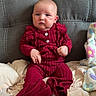 baby, blanket, child, colorful_blanket, comfortable, cozy, cute, gray_couch, home, indoor, infant, knitted_outfit, person, portrait, red_clothing, serious_expression, sitting, soft_lighting, warm, young_child
