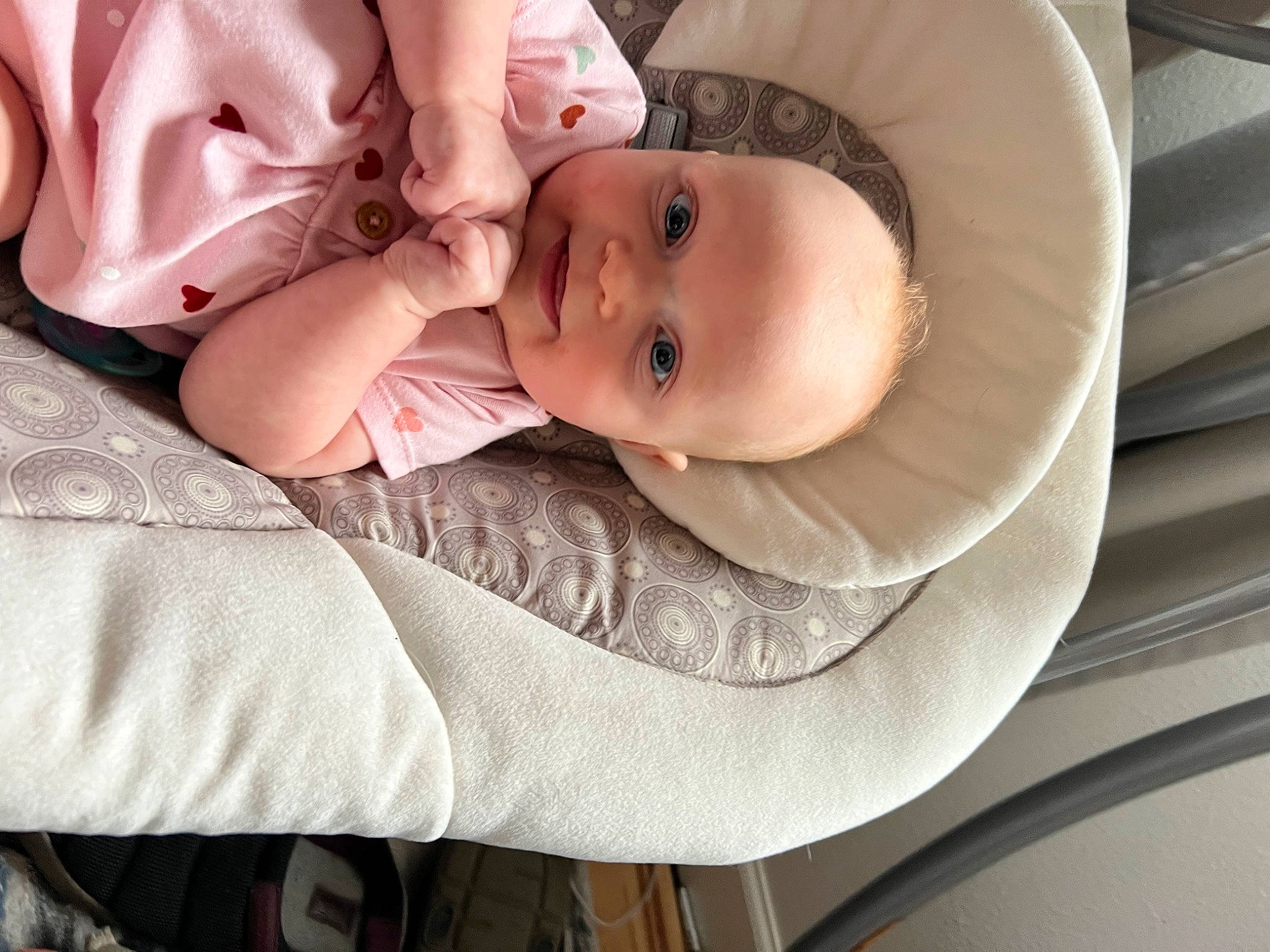 Cecilia joined the competition — help win amazing prizes! baby, baby_products, baby_safety, baby_toddler_clothing, cheek, child, comfort, eye, eyelash, fashion_accessory, happy, hat, head, iris, lip, mouth, nail, person, sitting, skin