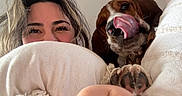 Chipa Pereyra is registered to the contest to win money with this photo: person, dog, face, smile, tongue, pillow, fur, pet, cute, cozy, indoor, closeup, relaxed, happy, companion, animal, head, paw, light, casual