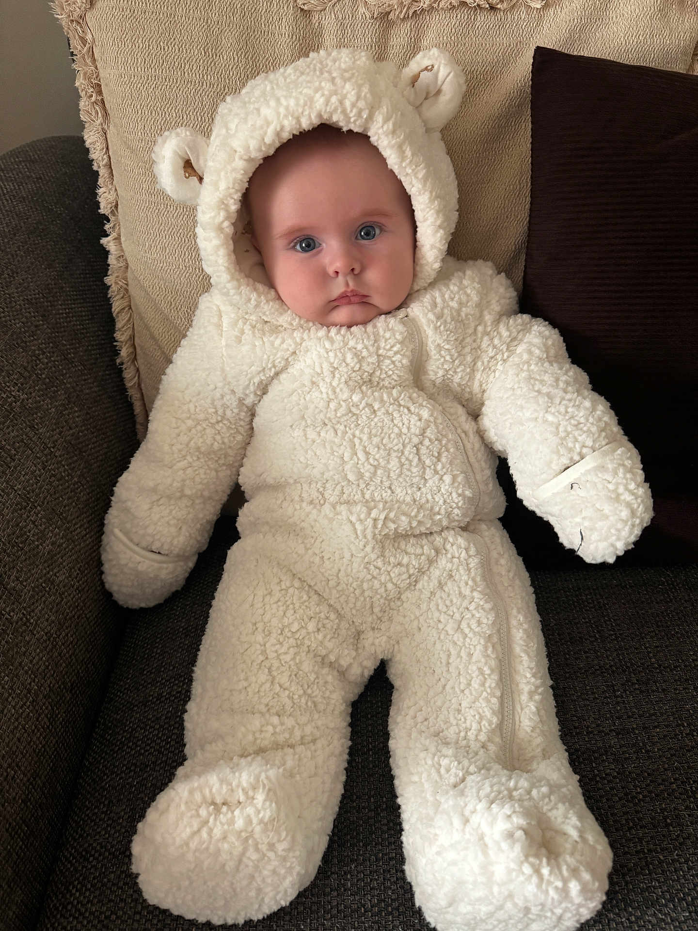 George joined the competition — help win amazing prizes! baby, child, infant, white, bear_costume, fluffy, onesie, hood, ears, blue_eyes, couch, pillow, beige, soft_texture, warm_clothing, indoors, portrait, cute, seated, cozy