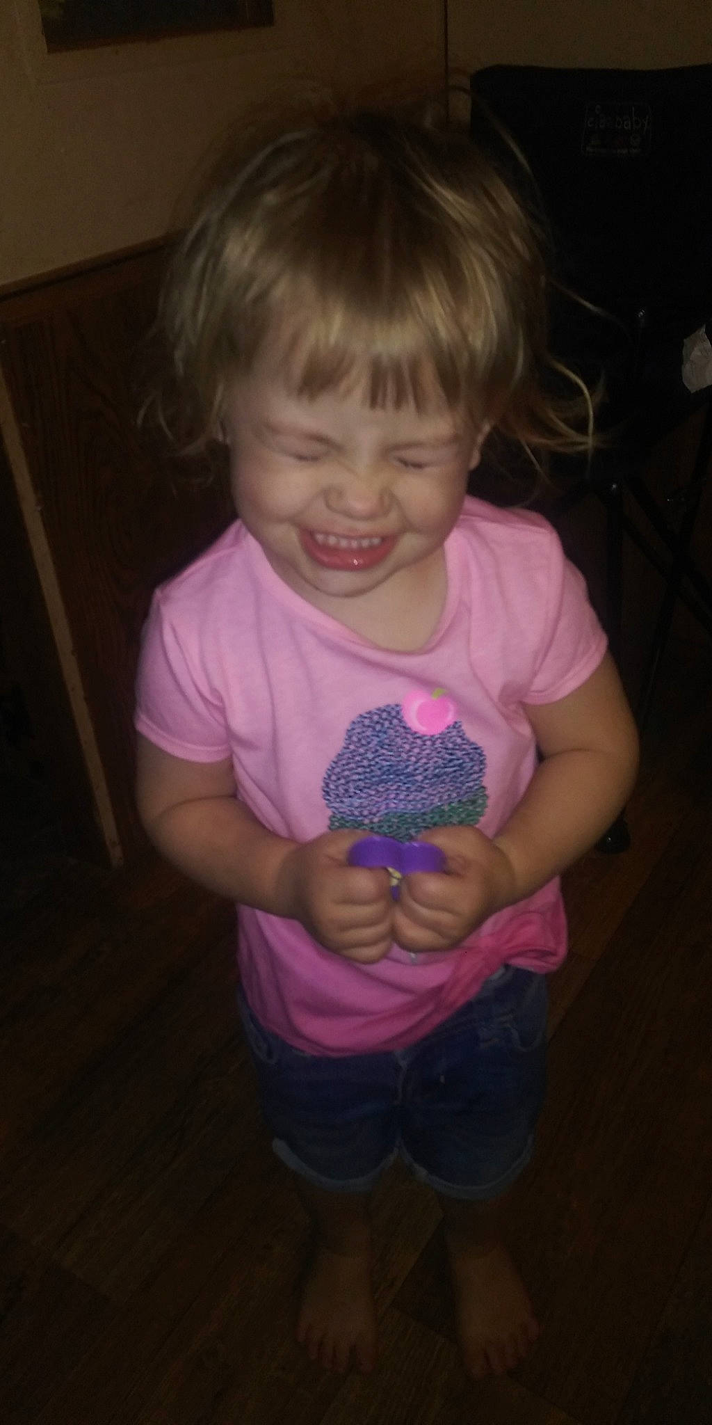 Hayleigh is registered to the contest to win money with this photo: baby, blond, cheek, child, eye, face, facial_expression, fun, hair, head, iris, joy, nose, person, pink, play, purple, skin, smile, t_shirt