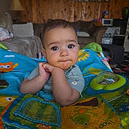 Iris is registered to the contest to win money with this photo: animal, baby, cartoon, child, colorful, curious, cute, expression, eyes, face, hands, indoors, infant, lamp, living_room, playmat, portrait, sofa, toy, wood_paneling