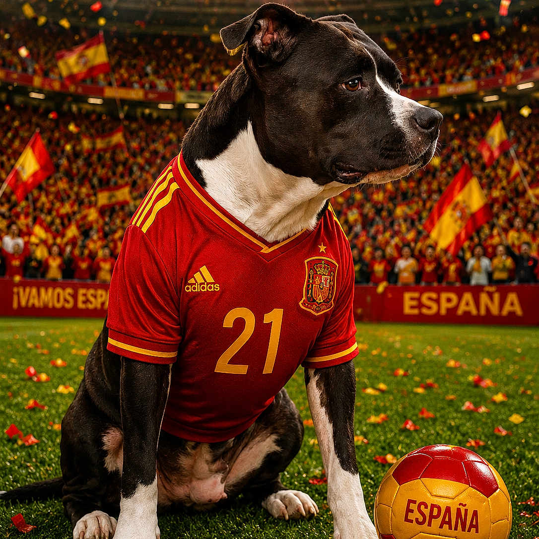 Tyna a rejoint le concours — aidez-le/la à gagner de superbes lots ! dog, soccer, sports, stadium, jersey, confetti, ball, grass, crowd, flags, team_spain, red, yellow, celebration, animal, pet, portrait, fan, competition, outdoor