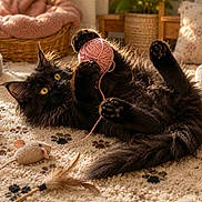 Athos participe au concours pour gagner de l'argent avec cette photo : animal, black_cat, carpet, cat, cozy, cute, domestic_cat, feather_wand, feline, fur, home, indoor, mammal, paw_prints, pet, playful, relaxed, toy_mouse, yarn_ball, yellow_eyes