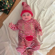 Aksel a rejoint le concours — aidez-le/la à gagner de superbes lots ! baby, infant, child, striped_clothing, red_and_white, reindeer_onesie, hat, blanket, floor, wrapped_presents, christmas_theme, smiling, cute, indoors, wooden_floor, holiday, festive, lying_down, cozy, happy