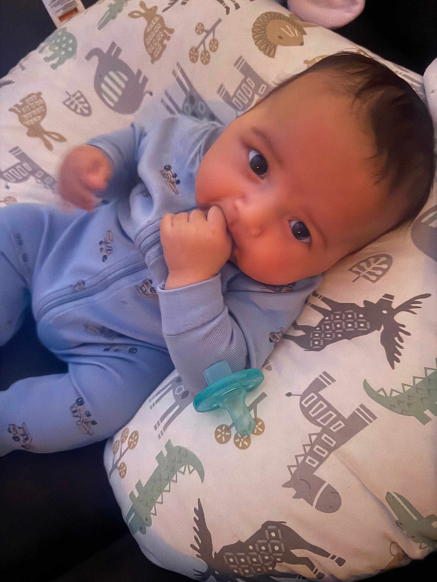 Dominic joined the competition — help win amazing prizes! baby, infant, pacifier, onesie, blanket, animal_print, blue_clothing, hand_in_mouth, cheeks, lying_down, pillow, nursery, cute, portrait, closeup, soft_light, pattern, gaze, sleepwear, baby_bed