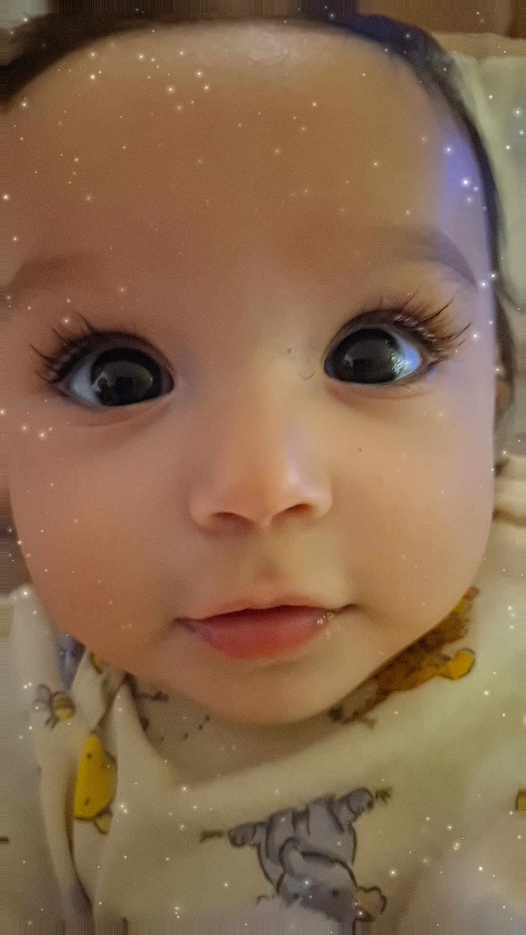 Angelica joined the competition — help win amazing prizes! baby, close_up, face, eyes, infant, child, cute, onesie, animal_print, long_eyelashes, portrait, sparkle_effect, adorable, soft_lighting, skin, young, expression, head, nose, mouth
