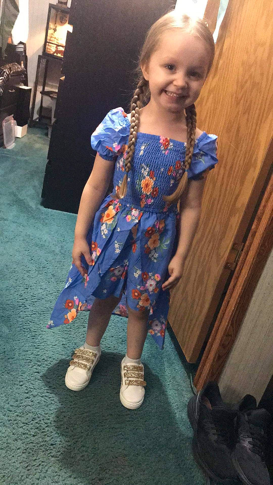 Madison is registered to the contest to win money with this photo: child, clothing, day_dress, dress, floor, flooring, fun, happy, iris, joint, joy, leg, one_piece_garment, person, sandal, shoe, shoulder, skin, smile, standing