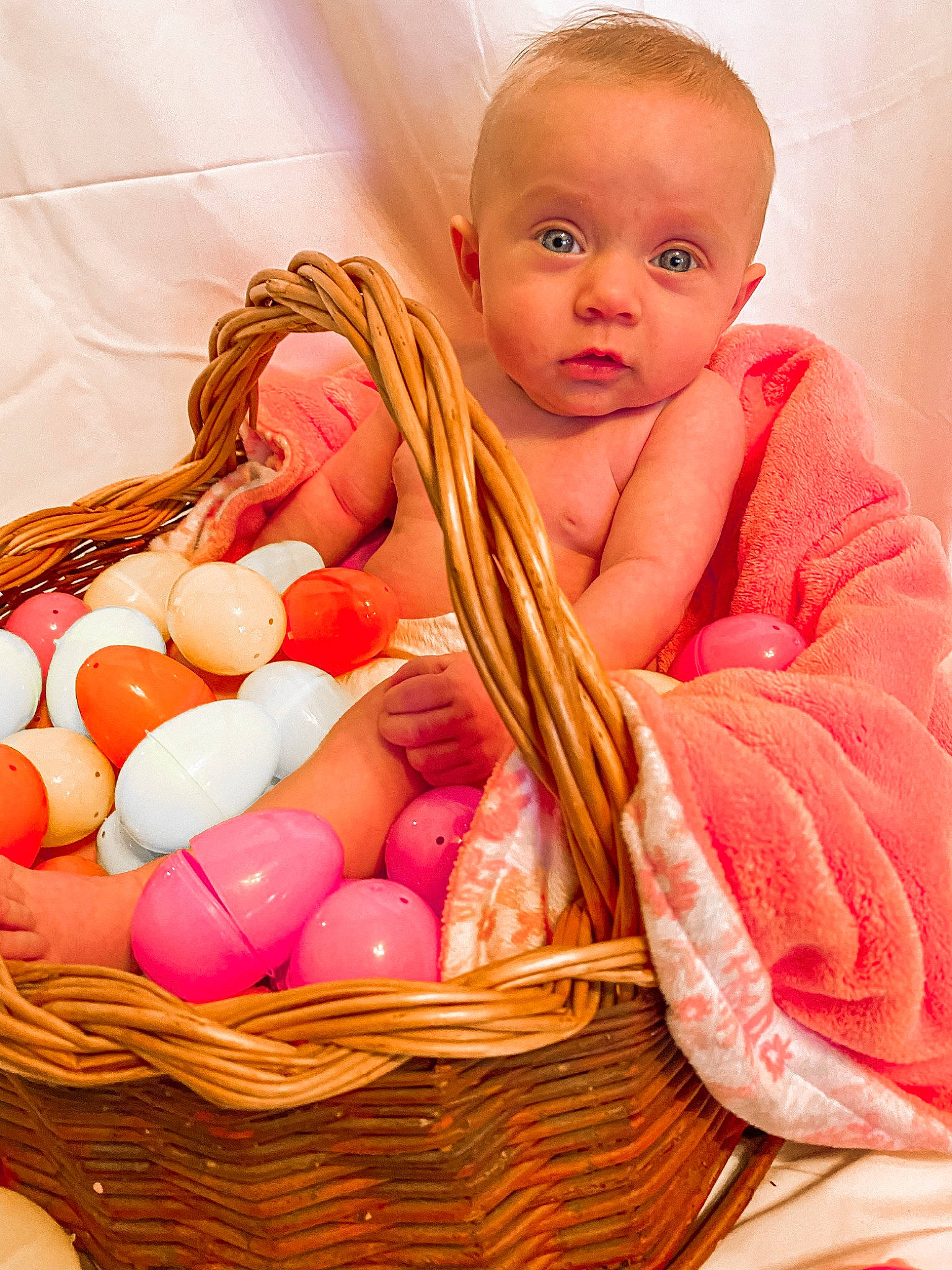 Addilyn joined the competition — help win amazing prizes! baby, baby_toddler_clothing, basket, child, comfort, doll, easter, easter_egg, event, fun, happy, holiday, iris, person, pink, sitting, skin, textile, toddler, toy