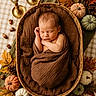 newborn, baby, sleeping, portrait, basket, swaddled, blanket, autumn, fall, pumpkins, leaves, candle, wicker, rustic, cozy, overhead_view, still_life, indoors, peaceful, seasonal