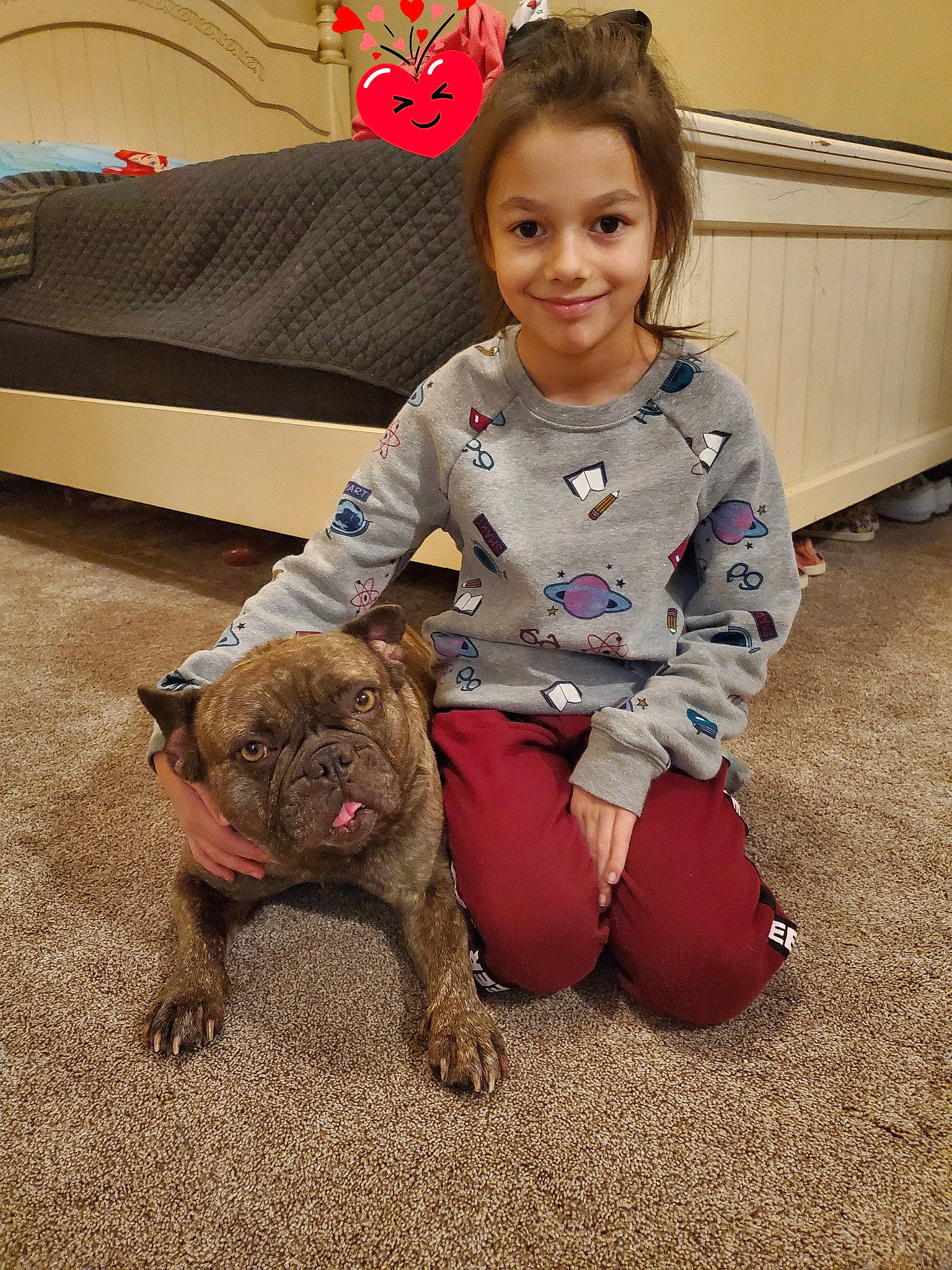 Harley is registered to the contest to win money with this photo: baby_toddler_clothing, carnivore, child, companion_dog, couch, dog, dog_breed, fawn, felidae, flooring, happy, lap, leash, sitting, sleeve, smile, snout, sock, toddler, working_animal