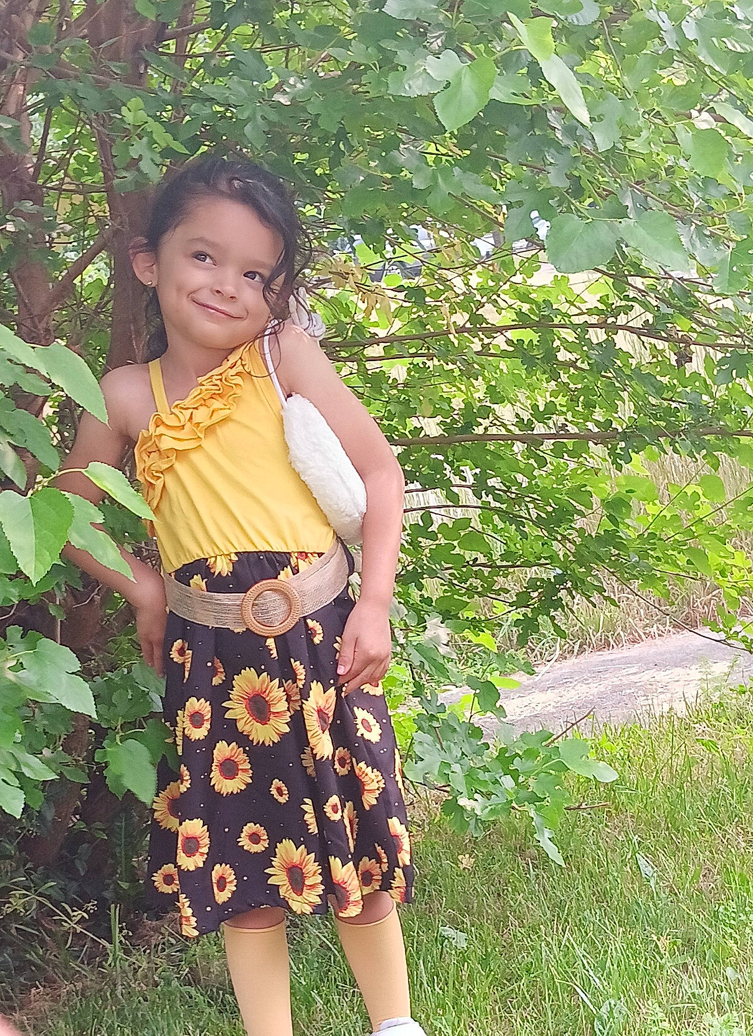 Madison joined the competition — help win amazing prizes! abdomen, botany, day_dress, fawn, fruit, grass, hair, happy, joy, knee, leg, long_hair, pattern, people_in_nature, person, plant, smile, thigh, toddler, tree