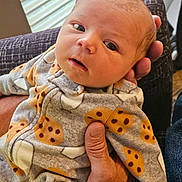 Oliver is registered to the contest to win money with this photo: baby, infant, hand, onesie, cookie_pattern, clothing, face, person, indoor, portrait, newborn, cozy, soft_light, window_blinds, adult_hand, cuddle, cute, expression, skin, head