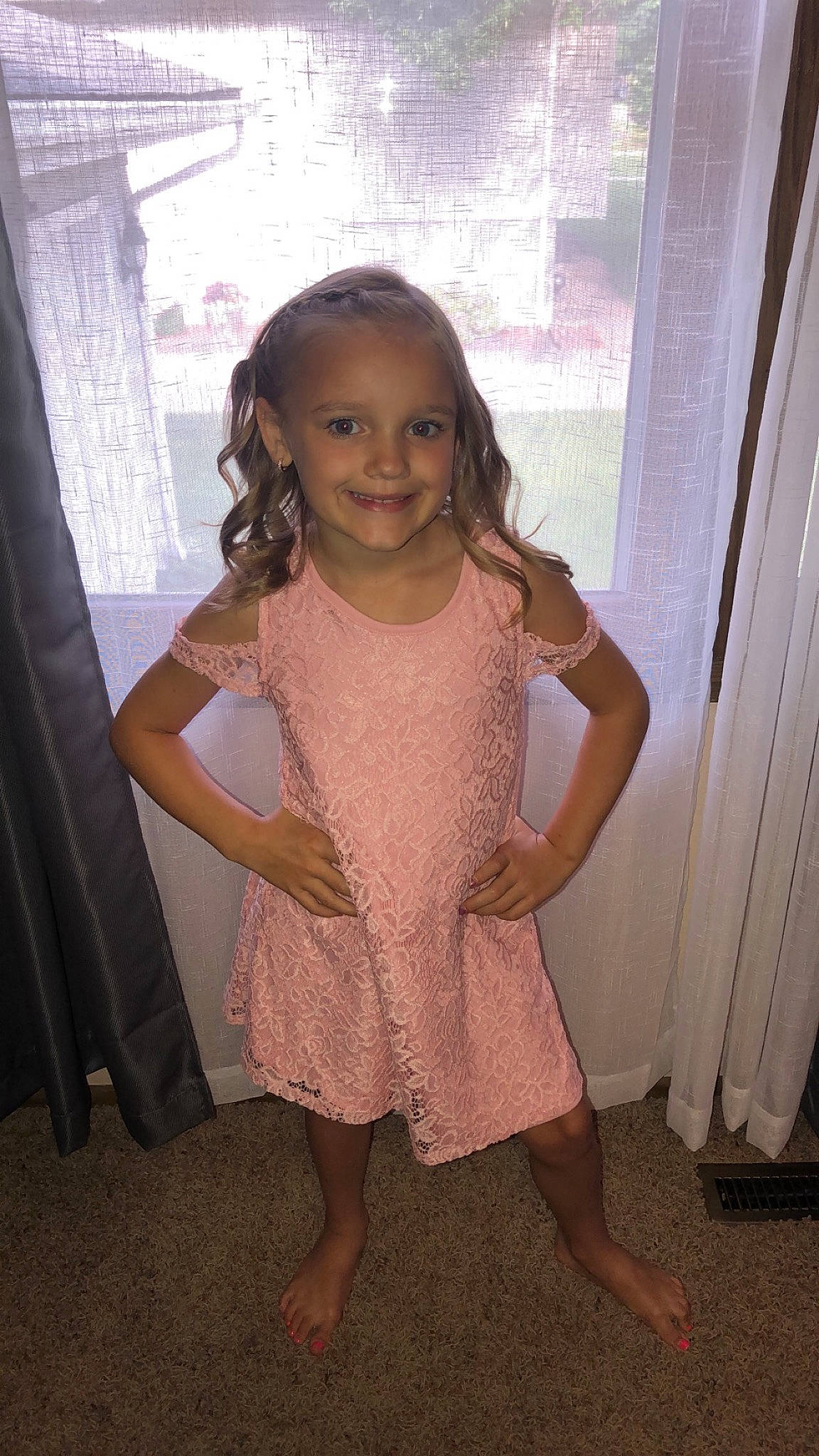 Kaydance is registered to the contest to win money with this photo: child, clothing, cocktail_dress, dress, joy, leg, long_hair, person, pink, shoulder, smile