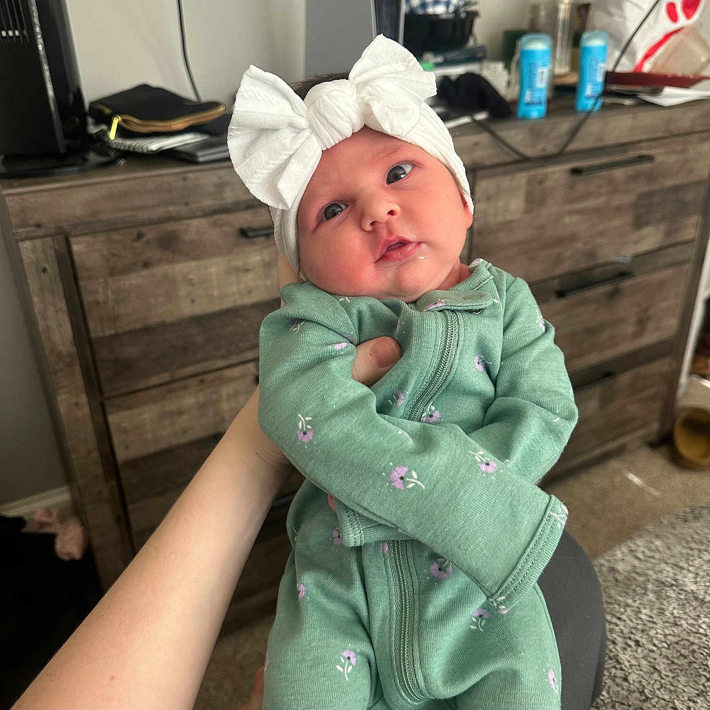 Maysleigh is registered to the contest to win money with this photo: accessories, baby, bag, bonnet, cap, clothing, computerhardware, electronics, face, handbag, hardware, hat, head, monitor, newborn, person, photography, portrait, screen, wood