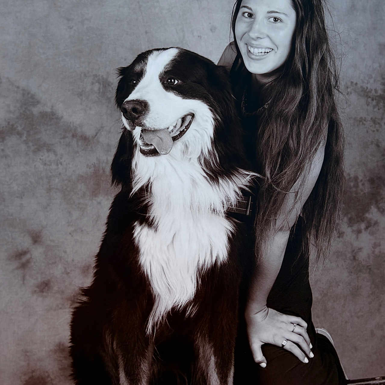 Uzzy a rejoint le concours — aidez-le/la à gagner de superbes lots ! border_collie, dog, woman, person, portrait, black_and_white, smiling, happy, sitting, standing, tongue_out, long_hair, animal, pet, studio, textured_wall, wooden_floor, leash, photography, companion