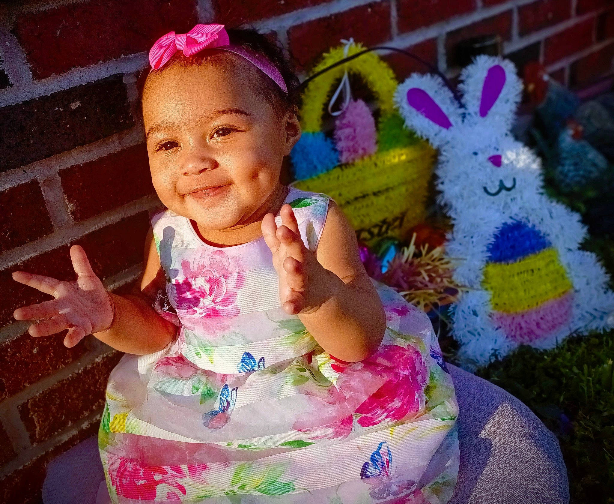 Bella joined the competition — help win amazing prizes! baby, baby_toddler_clothing, child, dress, fun, fur, grass, happy, head, joy, magenta, person, pink, purple, rabbit, sleeve, smile, stuffed_toy, t_shirt, textile