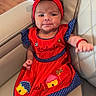 Lizbeth is registered to the contest to win money with this photo: baby, child, red_dress, headband, bow, sitting, leather_chair, indoor, cute, portrait, clothing, embroidery, fist, person, infant, happy, smile, polka_dot, colorful, comfortable