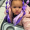 child, toddler, baby, portrait, purple_hair, pigtails, headband, pink_jacket, sparkly_clothing, shopping_cart, indoors, store, supermarket, food_tray, snack, eating, face, eyes, close_up, colorful