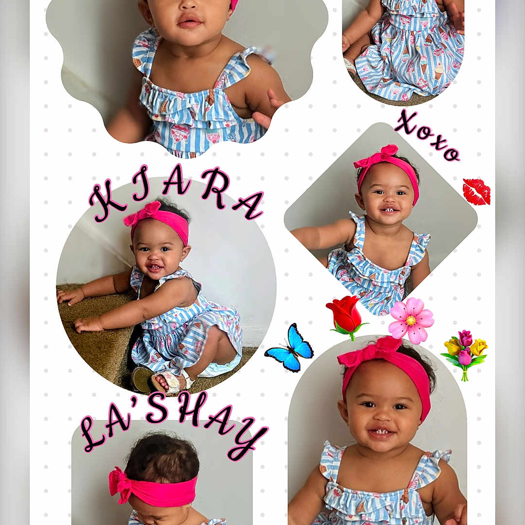 Kiara is registered to the contest to win money with this photo: baby, child, infant, portrait, smiling, dress, headband, pink, blue, collage, scrapbook, flowers, hearts, butterfly, decorations, photomontage, sitting, standing, indoor, happy