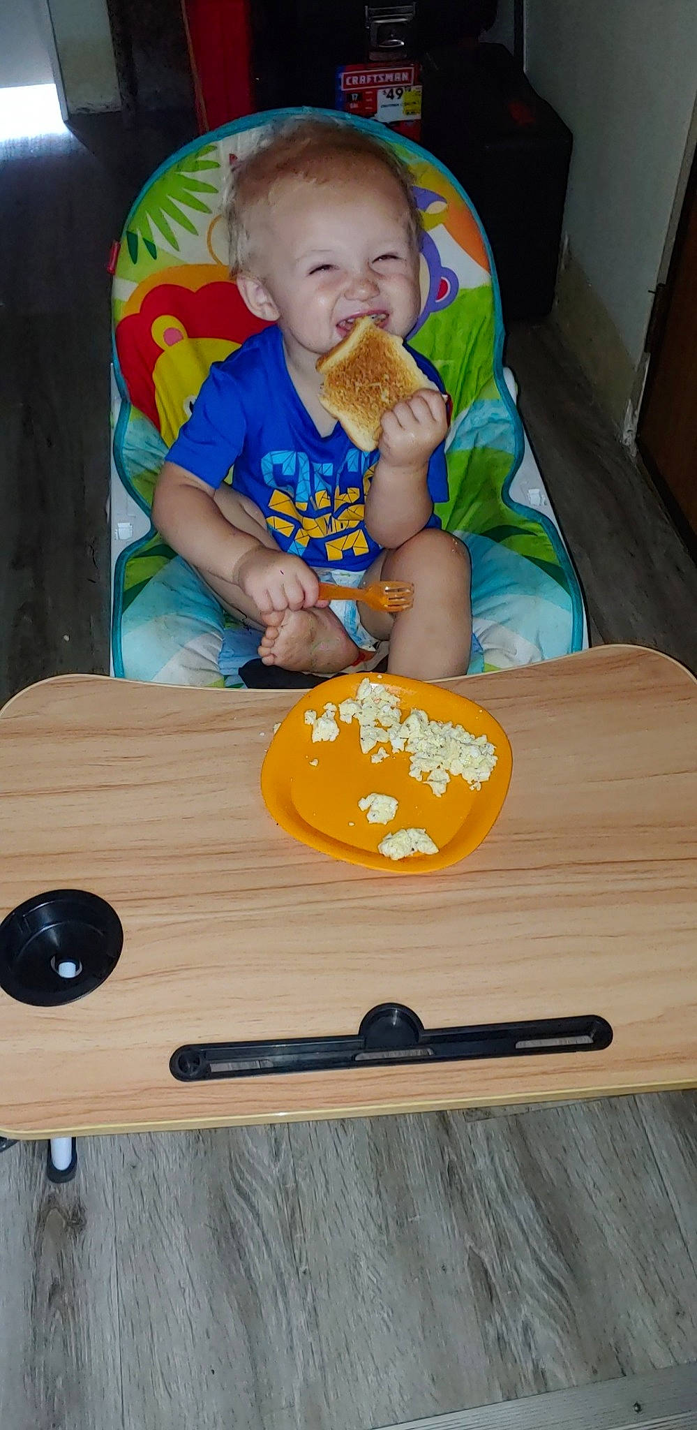 Tobias joined the competition — help win amazing prizes! baby, baby_toddler_clothing, chair, child, comfort, face, fun, hardwood, head, person, plywood, sharing, sitting, smile, t_shirt, table, toddler, varnish, wood, wood_stain