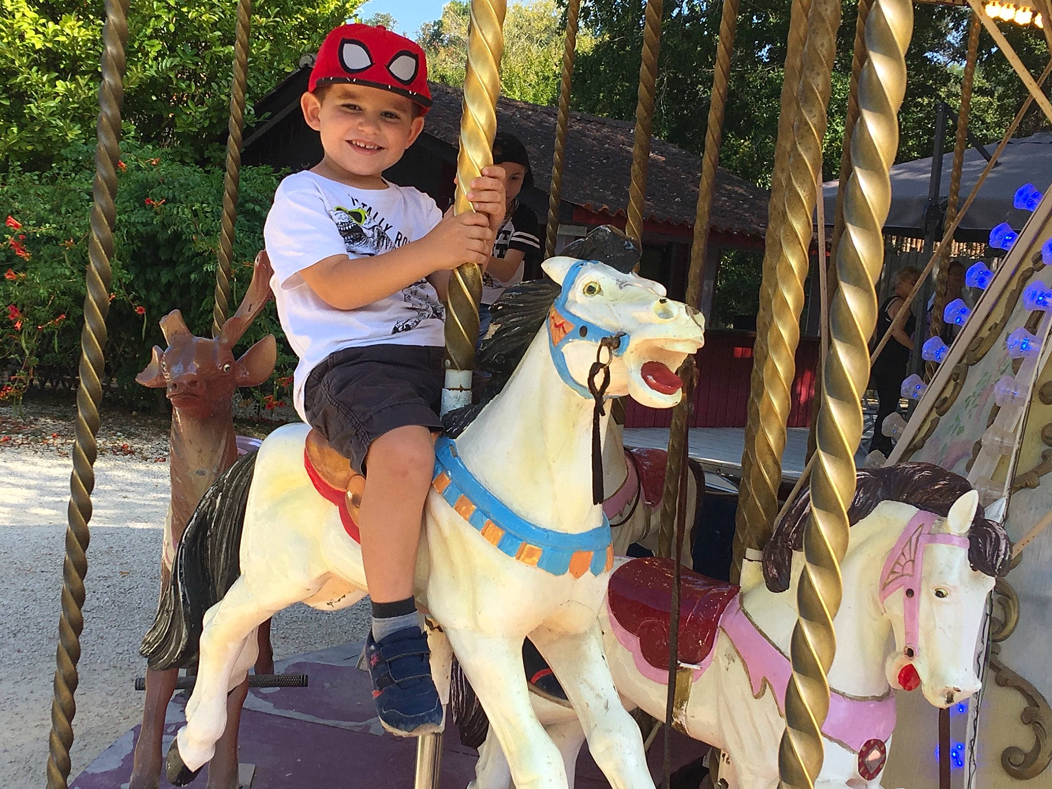 Mathys participe au concours pour gagner de l'argent avec cette photo : amusement_park, amusement_ride, carousel, fawn, fun, goat, goats, headwear, joy, leisure, nonbuilding_structure, park, person, recreation, vacation