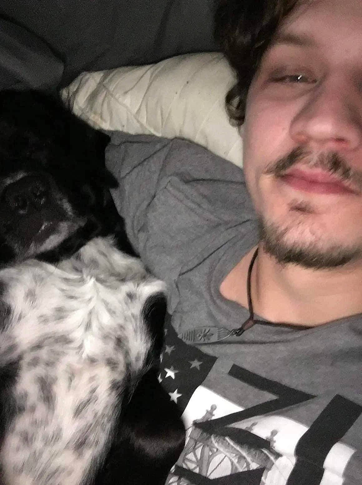 Jack is registered to the contest to win money with this photo: beard, carnivore, chest, comfort, companion_dog, cool, couch, dog, dog_breed, ear, eyewear, facial_hair, fun, fur, gesture, jaw, moustache, selfie, t_shirt, whiskers