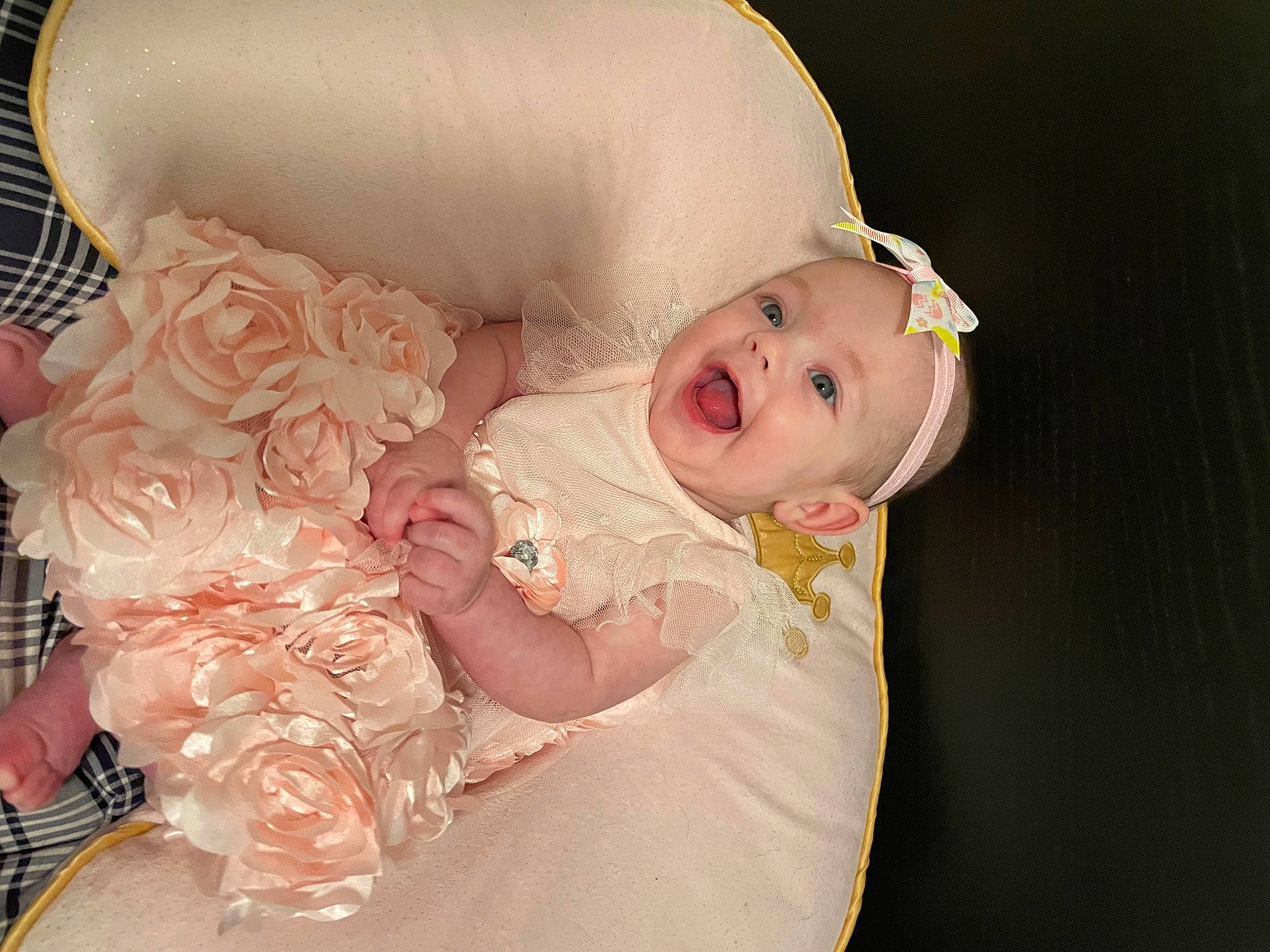 Harley joined the competition — help win amazing prizes! baby, baby_toddler_clothing, child, comfort, dress, embellishment, event, eye, fashion_accessory, flash_photography, hair_accessory, happy, headband, headpiece, human_body, iris, person, pink, sleeve, smile