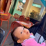 Julia a rejoint le concours — aidez-le/la à gagner de superbes lots ! baby, child, person, pink_clothing, holding, outdoor, cafe, chairs, table, string_lights, curious, tattoo, hoodie, face, portrait, seated, daylight, window, hand, expression