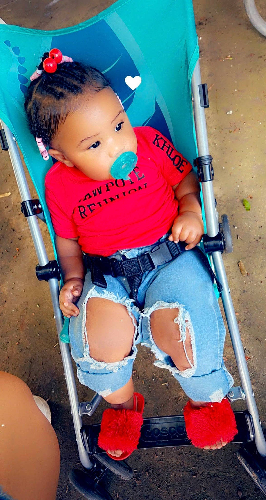 Khloe joined the competition — help win amazing prizes! baby, baby_carriage, blue, eye, fun, head, knee, leg, orange, organ, person, photograph, product, red, shorts, skin, thigh, toddler, wheel, white
