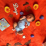 Harshil joined the competition — help win amazing prizes! baby, newborn, orange_blanket, yellow_flower, purple_flower, wooden_letters, wooden_numbers, card, hello_little_man, soft_toy, infant, lying_down, decorative_elements, colorful, cute, cozy, peaceful, indoors, portrait, celebration