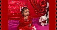 Armanii joined the competition — help win amazing prizes! baby, toddler, child, red_dress, pink_shoes, lollipop, plush_toy, bunny, heart, decorations, stickers, valentine, cute, indoor, sitting, portrait, celebration, colorful, young_child, festive
