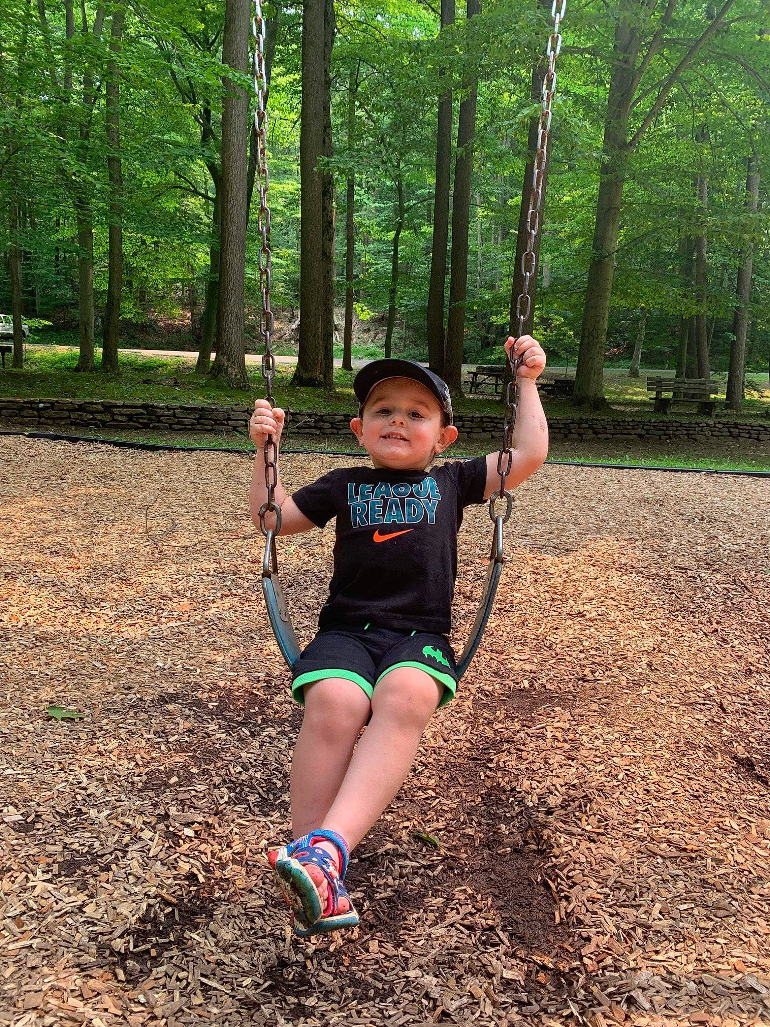 Christopher joined the competition — help win amazing prizes! balance, electric_blue, forest, fun, grass, happy, headwear, joy, leg, leisure, people_in_nature, person, plant, recreation, shorts, soil, swing, t_shirt, thigh, toddler