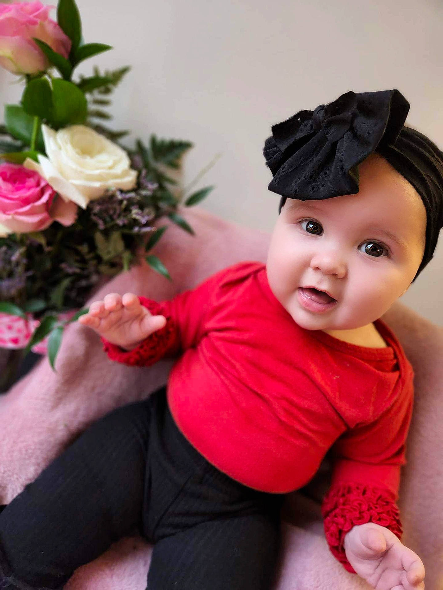 Aubree joined the competition — help win amazing prizes! baby, baby_toddler_clothing, bouquet, cut_flowers, dress, floral_design, flower, flower_arranging, flowering_plant, garden_roses, happy, headwear, hybrid_tea_rose, person, petal, pink, plant, rose, rose_family, rose_order