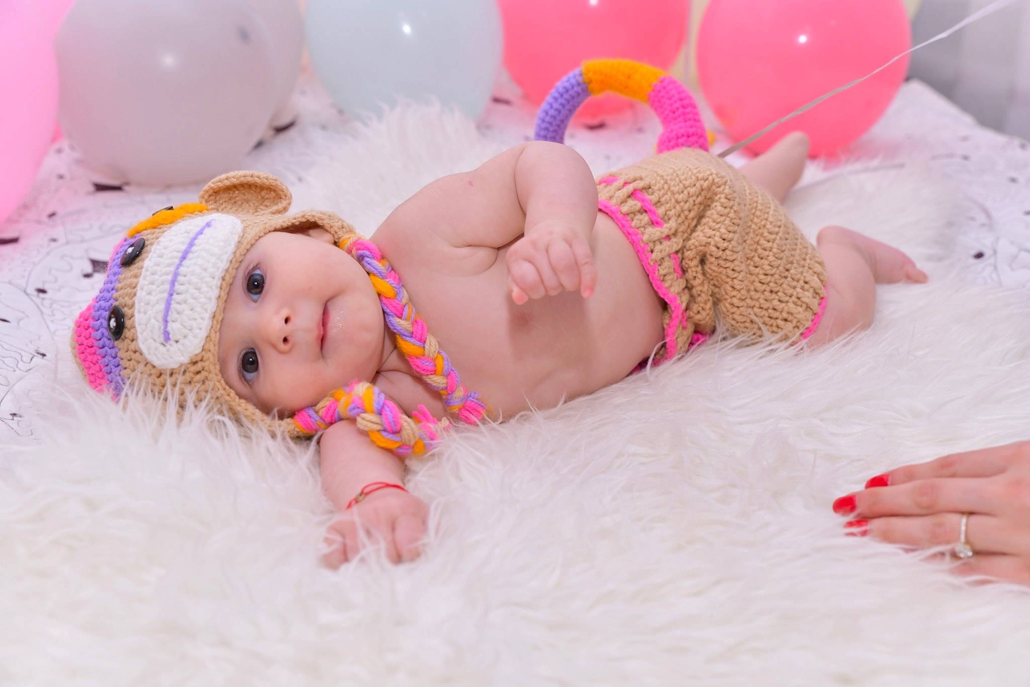 Beatrice is registered to the contest to win money with this photo: baby, baby_products, baby_sleeping, baby_toddler_clothing, baby_toys, costume_accessory, doll, embellishment, hair_accessory, hand, headband, headpiece, headwear, linens, peach, person, pink, plush, skin, stomach