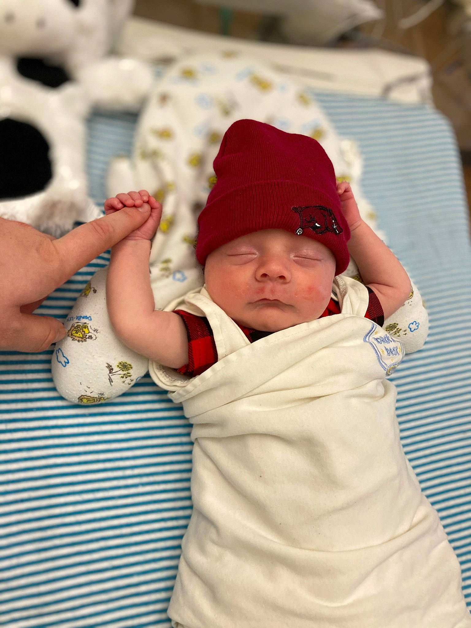Wilder is registered to the contest to win money with this photo: baby, baby_toddler_clothing, beanie, cap, carmine, child, comfort, elbow, happy, headwear, hoodie, knit_cap, linens, nail, pattern, person, play, sitting, sleeve, toddler