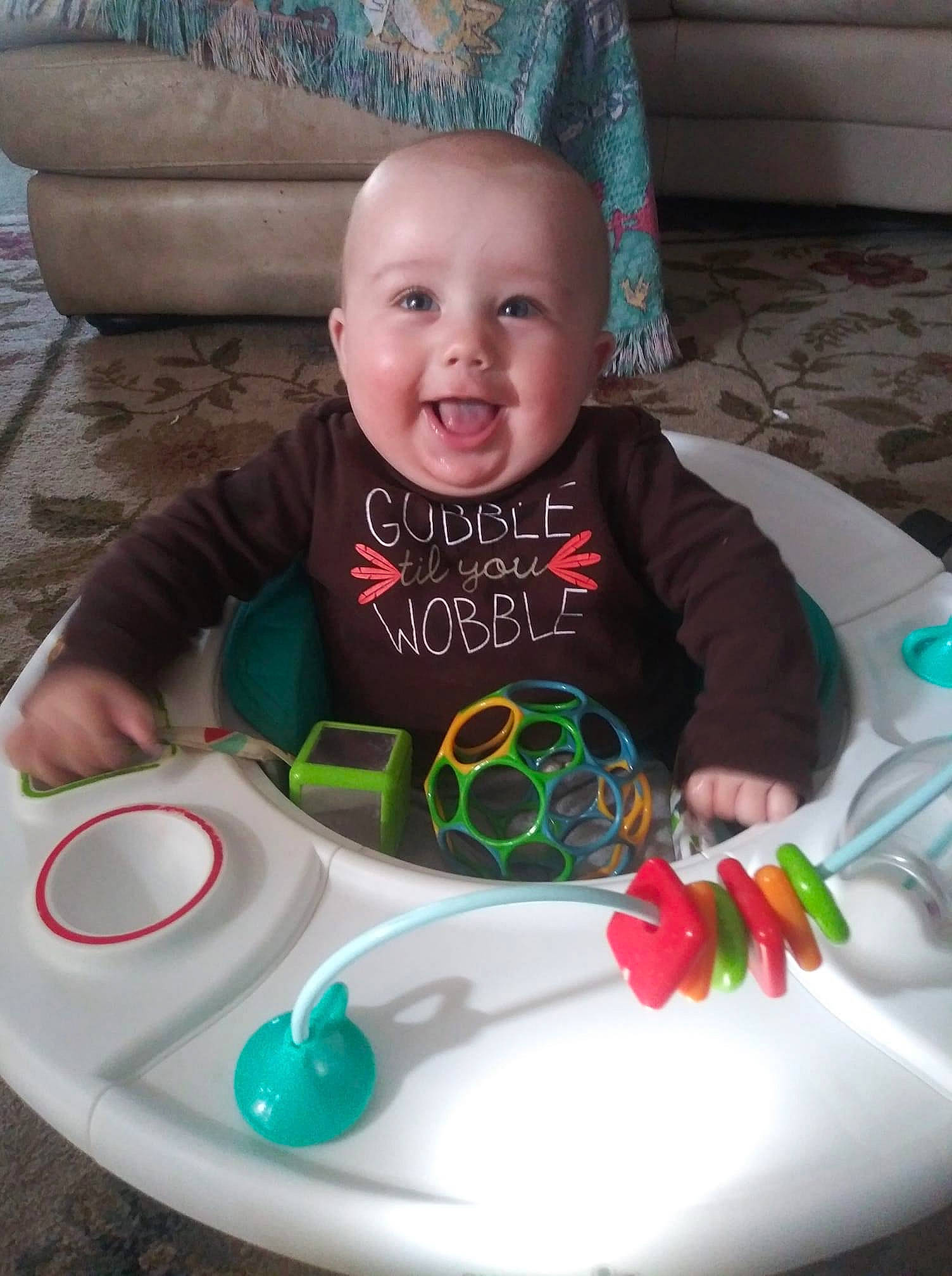 Wesson joined the competition — help win amazing prizes! baby, baby_toddler_clothing, blue, cheek, child, couch, dishware, dress, facial_expression, fun, happy, head, person, pink, skin, smile, table, tableware, toddler, white