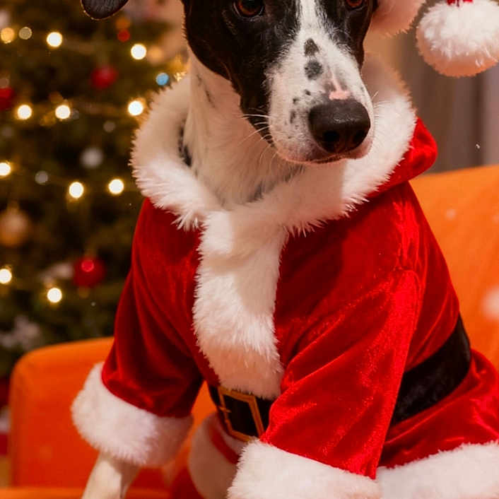 Oréo a rejoint le concours — aidez-le/la à gagner de superbes lots ! animal, black_and_white, canine, celebration, christmas, christmas_tree, costume, cute, dog, festive, fur, holiday, indoor, lights, orange_couch, pet, portrait, santa_claus_outfit, santa_hat, seasonal