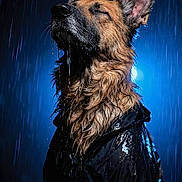 Niksa a rejoint le concours — aidez-le/la à gagner de superbes lots ! animal, black_clothing, blue_light, canine, close_up, dog, dripping, ears, fur, german_shepherd, moody_lighting, night, nose, outdoor, portrait, profile, rain, raincoat, water_droplets, wet