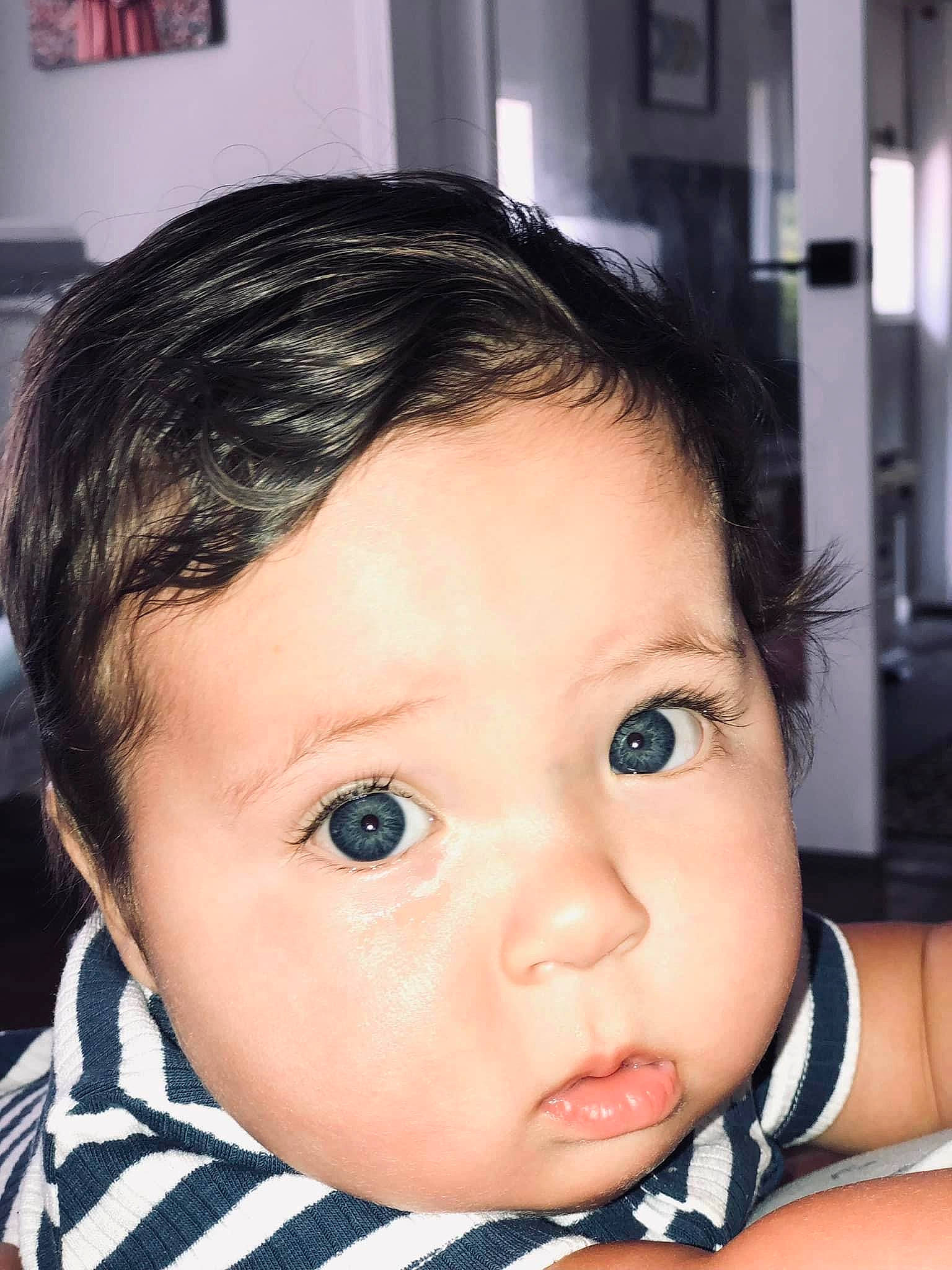 Trace is registered to the contest to win money with this photo: baby, baby_toddler_clothing, black_hair, cheek, child, chin, ear, eyebrow, eyelash, forehead, fun, happy, iris, lip, no_expression, nose, person, picture_frame, skin, toddler