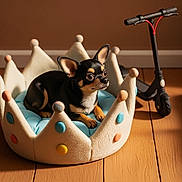 Ollie is registered to the contest to win money with this photo: animal, black, chihuahua, cozy, crown_shaped_bed, cute, decor, dog, domestic_animal, furniture, home, indoor, looking_away, pet_bed, playful, resting, scooter, small_dog, toy, wooden_floor