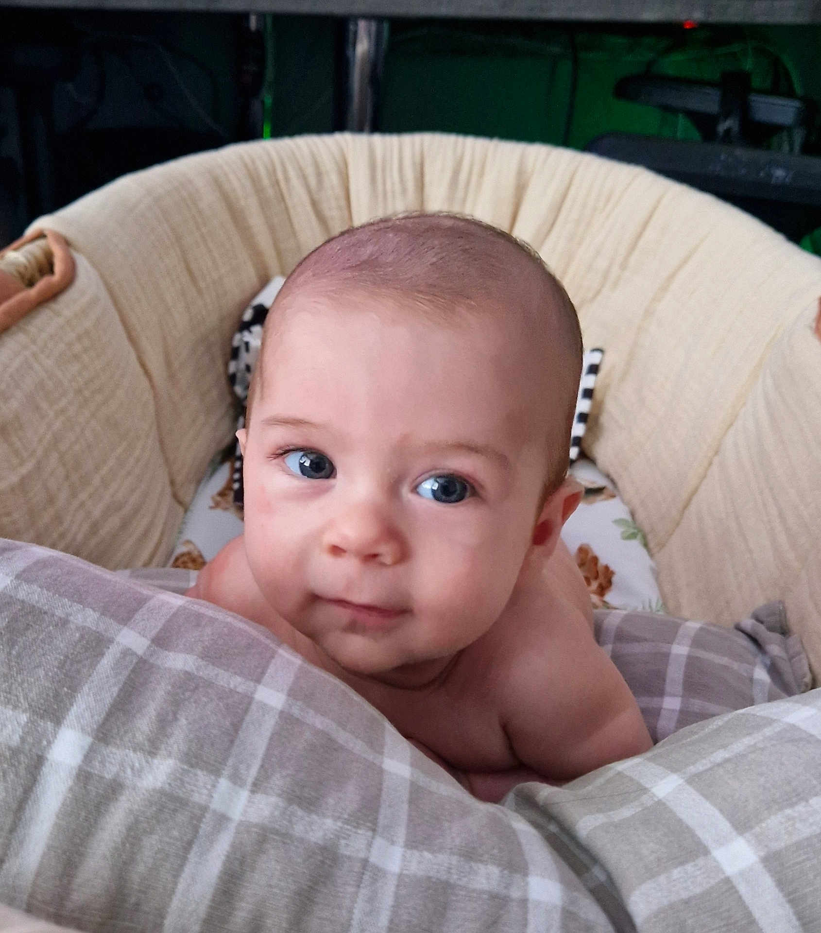 Xander joined the competition — help win amazing prizes! baby, infant, blue_eyes, blanket, bassinet, cushion, face, head, skin, portrait, child, cute, indoors, plaid, soft, comfort, young, newborn, resting, curious